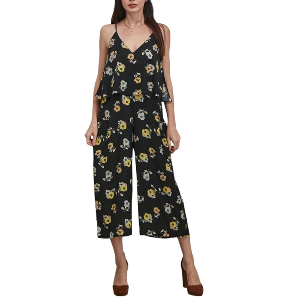 Avec Les Filles Black Yellow Floral Wide Leg Crop Sleeveless Jumpsuit Size Large